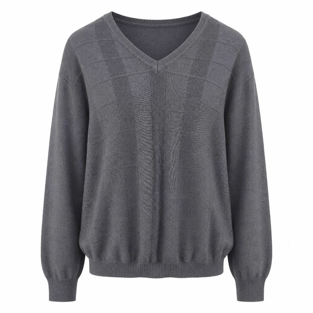 John Henry Mens Grey V-Neck Sweater M Textured Grid Knit 100% Cotton Perry Ellis
